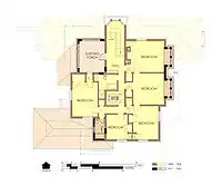 Hills House Second Floor Plan in 1975/76.  Alterations since 1906 are marked in orange with bold walls.
