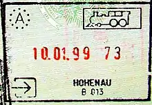 Entry stamp for rail travel, issued at Hohenau an der March