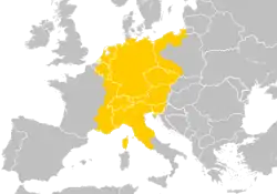 The Holy Roman Empire at its greatest territorial extent (c. 1200–1250)