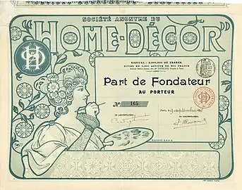 Founder's share of the Société Anonyme du Home-Décor, issued in Paris on 9 September 1898, designed by the Italian Francisco Nicolas Tamagno, who worked as a poster designer in Paris from 1890