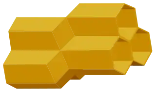 A computer-generated model of two opposing honeycomb layers, showing three cells on one layer fitting together with three cells on the opposing layer.