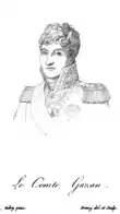 Sketch of a wavy-haired man in a high-collared military uniform with epaulettes.
