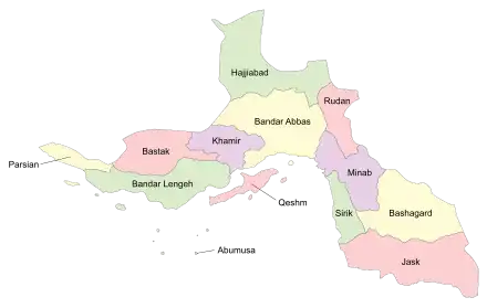 Location of Jask County in Hormozgan province (bottom right, pink)