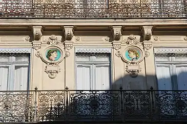 Beaux Arts polychrome medallions on the facade of a building in Montpellier, France, unknown ceramist, mid or late 19th century
