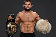 Muslim athlete Khabib Nurmagomedov with a shaved mustache and an untrimmed beard.