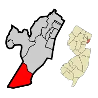 Map showing Bayonne in Hudson County. Inset: Location of Hudson County in New Jersey.
