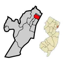 Location of West New York within Hudson County. Inset: Location of Hudson County in New Jersey.