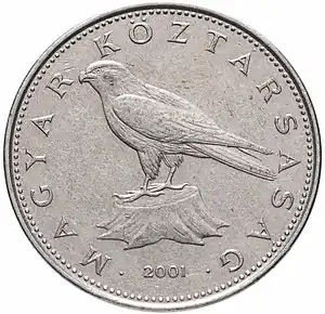 Coin of 50 forint in Hungary, depicted with saker falcon, several authors identify the Turul with saker falcon