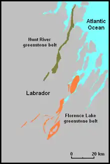 This is a map of the Hunt River and Florence Lake greenstone belts in Labrador, Canada.