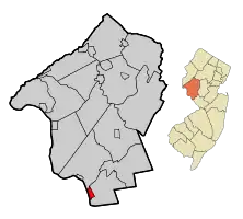 Map of Lambertville in Hunterdon County. Inset: Location of Hunterdon County highlighted in the State of New Jersey.
