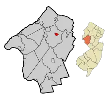 Map of Lebanon in Hunterdon County. Inset: Location of Hunterdon County highlighted in the State of New Jersey.