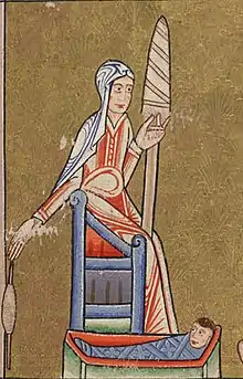 Eve spinning, the spindle in her right hand: Hunterian Psalter, ca 1170 (Glasgow University Library)