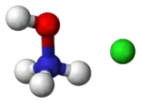Ball-and-stick model of a hydroxylammonium cation (left) and a chloride anion (right)