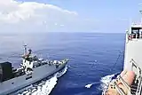 INS Kiltan replenishment at sea by USNS Richard E. Byrd (T-AKE-4).
