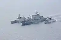 JS Ōmi along with INS&nbsp;Sahyadri and a Kamorta-class corvette during a Malabar exercise.