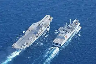 INS Viraat approach the fleet tanker INS Deepak for Replenishment at sea.