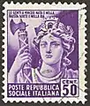 A stamp from the Italian Social Republic, depicting Italia turrita holding a Fasces.