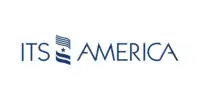 ITS America written in blue with a minimalist flag in between the text