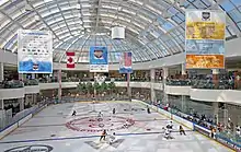 An ice hockey rink seen from a second story above it. There are two teams playing at the far end. People are watching the game from both levels; there are stores behind them. Above the rink is a glass ceiling from which advertising banners hang promoting the tournament sponsors, as well as the Canadian and U.S. flags (June 27, 2015).