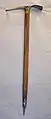 A wooden handled ice axe from the mid-1970sLength: .mw-parser-output .frac{white-space:nowrap}.mw-parser-output .frac .num,.mw-parser-output .frac .den{font-size:80%;line-height:0;vertical-align:super}.mw-parser-output .frac .den{vertical-align:sub}.mw-parser-output .sr-only{border:0;clip:rect(0,0,0,0);clip-path:polygon(0px 0px,0px 0px,0px 0px);height:1px;margin:-1px;overflow:hidden;padding:0;position:absolute;width:1px}75&nbsp;cm (29+1⁄2&nbsp;in)Weight: .mw-parser-output .frac{white-space:nowrap}.mw-parser-output .frac .num,.mw-parser-output .frac .den{font-size:80%;line-height:0;vertical-align:super}.mw-parser-output .frac .den{vertical-align:sub}.mw-parser-output .sr-only{border:0;clip:rect(0,0,0,0);clip-path:polygon(0px 0px,0px 0px,0px 0px);height:1px;margin:-1px;overflow:hidden;padding:0;position:absolute;width:1px}840&nbsp;g (29+1⁄2&nbsp;oz)