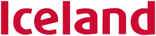 Red text only on a white background, with Iceland to the left and the food warehouse in smaller characters to the right