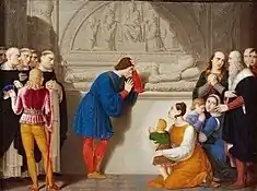 Ludovico weeps at the tomb of his wife Beatrice, Giovanni Battista Gigola, 1815 ca. The friars of S. Maria delle Grazie are present on the left, on the right the two orphans Ercole Massimiliano and Francesco with their respective nurses, as well as Bramante and Leonardo.