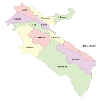 Location of Ilam County in&nbsp;Ilam&nbsp;province (top center, green)