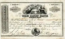 Stock certificate of the Ilion Bank in Herkimer County, New York, for 5 shares of $100 each, issued September 22, 1855, originally signed by Eliphalet Remington as President. Remington founded the bank in 1852 and was its president until his death.
