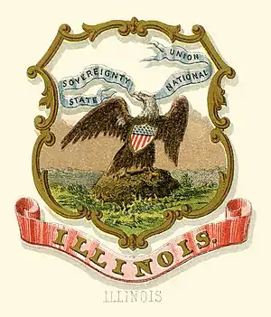 Image 28The coat of arms of Illinois as illustrated in the 1876 book State Arms of the Union by Louis Prang. Image credit: Henry Mitchell (illustrator), Louis Prang & Co. (lithographer and publisher), Godot13 (restoration) (from Portal:Illinois/Selected picture)