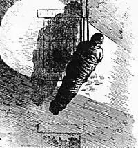 A wrapped corpse being lowered by rope from the Asch Building following the Triangle fire