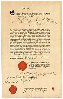 Mining share certificate of the Ilmenau Kupfer- und Silber-Bergwerk for 20 Thaler, issued on 24 February 1784 in Weimar, signed in the original by Johann Wolfgang von Goethe, also by the minister Christian Gottlob Voigt and by the German mineralogist and mining engineer Johann Karl Wilhelm Voigt. Registered to Carl Theodor Maria Freiherr von Dalberg, governor in Erfurt.