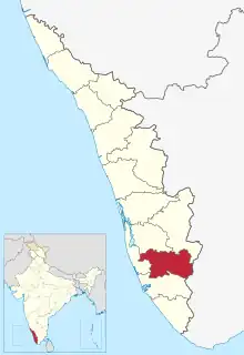 Location of Pathanamthitta in Kerala