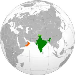 Map indicating locations of India and Oman