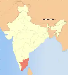 Thumbnail map of India with Tamil Nadu highlighted