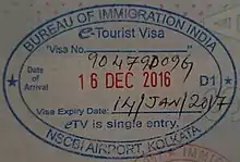 An Indian e-Tourist Visa issued at Netaji Subhas Chandra Bose International Airport, Kolkata