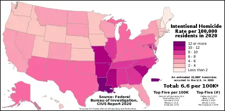 In 2019, 16,425 cases of intentional homicide took place in the United States. This means that the homicide rate (per 100,000 residents) was measured at 5.0.