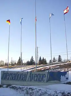 A sign and set of international flags along International Avenue (17 Avenue SE).
