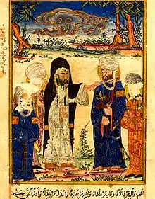 The Investiture of Ali at Ghadir Khumm, MS Arab 161, fol. 162r,  Ilkhanid manuscript illustration, 1308-1309.