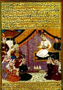 Ismail II is sitting among his courtiers, hearing petitions.