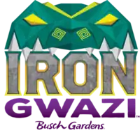 A script text of "Iron Gwazi Busch Gardens", with the word "Iron" being at the top, followed by the next line word "Gwazi" and then "Busch Gardens" at the bottom. The word "Iron" appears slightly larger than "Gwazi", with "Busch Gardens" being the smallest text centered. "Iron" is colored silver, with a darker green hue outlining the text at the top which transitions into a yellow gradient towards the bottom of the word. The words "Gwazi" and "Busch Gardens" are colored purple, with "Busch Gardens" appearing in a slanted text. Atop the script text is a geometric crocodile colored in various shades of green and yellow. The crocodile appears to sink its white teeth into the "Iron" text, with yellow appearing on one of the scales on its head, its eyes, and its nostrils.