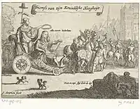 Triomfe van zijne Koninklijke Hoogheijt, 1672 - 1676. Translated title: Triumph of his Royal Highness, 1672 - 1676. Stadtholder William III is shown in a triumphal carriage after his victories in the Disaster Year Rampjaar 1672, under a laurel wreath. Allegories Doot (Death) and Nijt (Jealousy) are shown lying by the wayside at the right. Horsemen and heralds at the Binnenhof and Hofvijver, The Hague.
