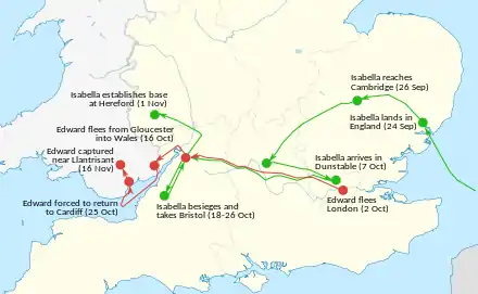 Map of the route for the 1326 invasion of England by Roger Mortimer and Queen Isabella