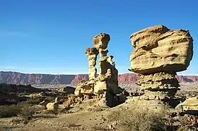 Landforms in the Monte Desert at Ischigualasto, Argentina. Much of the southern cone is covered by the Arid Diagonal of which Monte Desert is part.