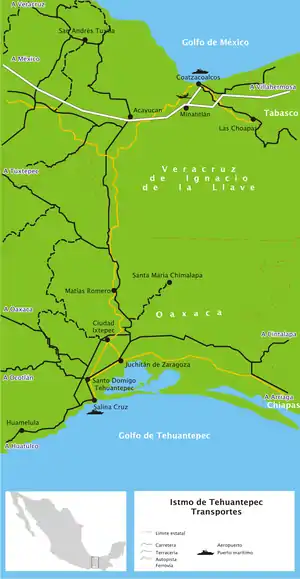A more detailed map than the one in the infobox. This map shows roads and ports, as well as the railroad; map legend is in Spanish