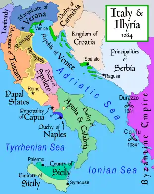 The Duchy (in green) in the political context of Italy and the Balkans in 1084.