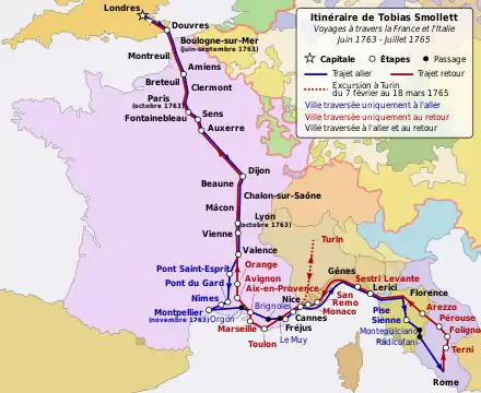 carte schématique indiquant les étapes du voyage, aller-retour, depuis Londres jusqu'à Rome