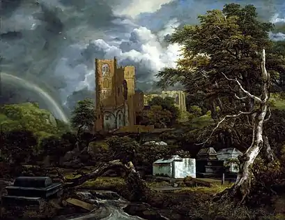 Jacob Isaaksz. van Ruisdael, The Jewish Cemetery (1655–60, oil on canvas, 141 x 182.9&nbsp;cm). The tree in the right-foreground of Ruisdael's painting is an example of repoussoir that pushes the viewer's eye into the composition.