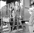 Democratic presidential nominee James M. Cox makes a whistle stop appearance during his 1920 United States presidential campaign