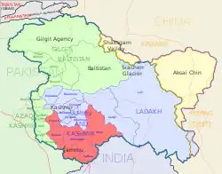 Jammu division (red coloured) shown within the Jammu and Kashmir UT