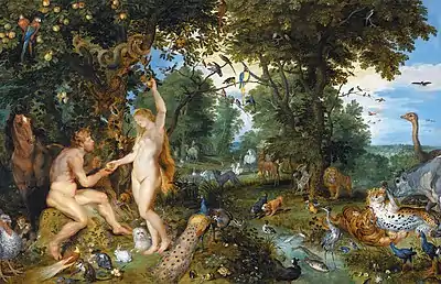 The Garden of Eden with the Fall of Man by Jan Brueghel the Elder and Pieter Paul Rubens, c. 1615, depicting Eve reaching for the forbidden fruit beside the Devil portrayed as a serpent